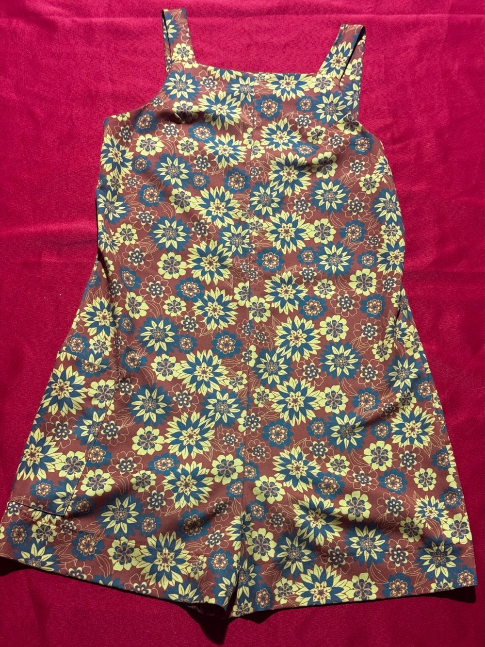 Dazey LA Rust Floral Square-Neck Romper with Yellow & Blue Flowers